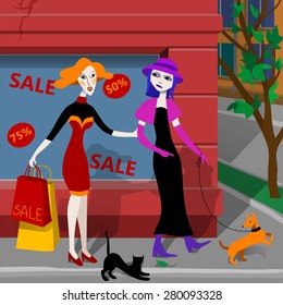 Two girls making purchases.