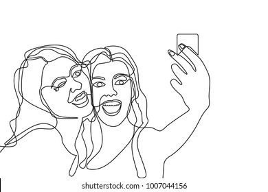 Two Girls Making Selfie Continuous Line Stock Vector (Royalty Free ...