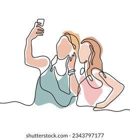 Dos niñas haciendo selfie línea continua de ilustración vectorial de color pastel