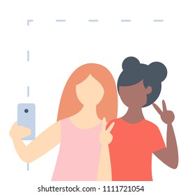 Two girls making selfie showing V sign. International friendship. Girl with dark skin and caucasian girl together. Flat isolated vector image