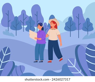 Dos niñas con mapa caminando en la ilustración vectorial del bosque. Destinos fuera de los caminos trillados, senderismo, actividades de ocio, concepto de amistad