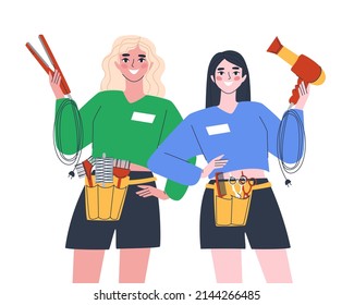 Two girls master stylists hairdressers. Tools for cutting and styling hair. Flat vector illustration. Eps10