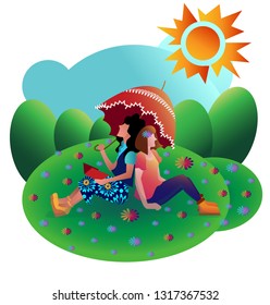 Two girls in the meadow under the umbrella. Vector illustration Eps 10    