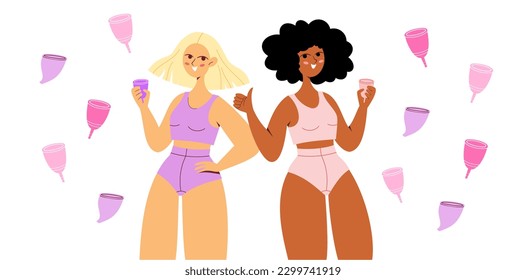 Two girls with menstrual cups. Vector illustration.