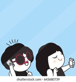 Two Girls With Mobile Phone In A Cafe Concept Card Character illustration