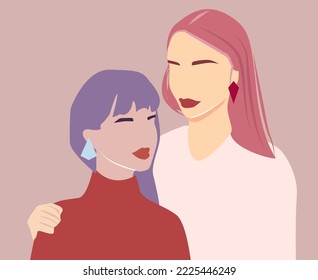 Dos niñas, madre e hija o hermanas en un entorno aislado. También se utiliza el amor de los parientes y la familia. Dos mujeres en accesorios de moda. Cuidar de los seres queridos. Cálidos abrazos. Vector 