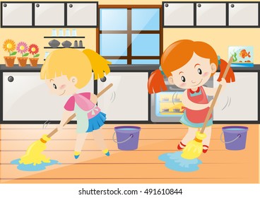 Two girls mopping the kitchen floor illustration
