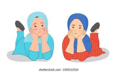 two girls Muslim girlfriends lie together on the floor listening to someone. Girls in hijab, illustration