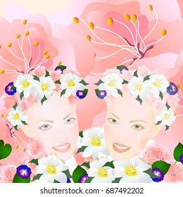 Two girls on a background of flowers, vector illustration