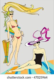 Two girls are on the beach.