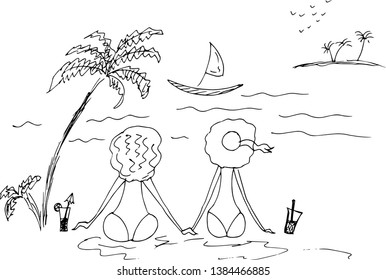 Two girls on the beach  drinking a cocktail. Vector illustration.