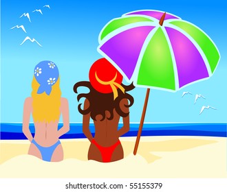 Two girls on the beach, seen from behind. Vector illustration