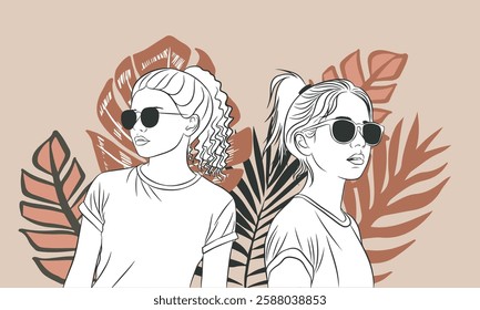 Two girls on a beige background with black and brown leaves.