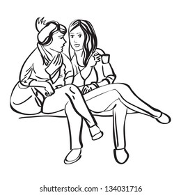 Two girls on a bench drinking coffee and talking in the break