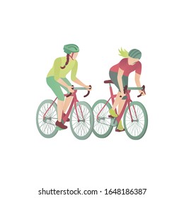 Two girls bicycles  flat vector illustration  Women in the park race by mountain bikes  Two cyclists compete in cycling   ride the track for bicycles isolated white background 