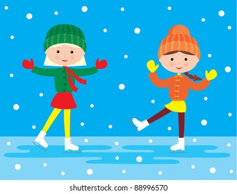 Two girls on a skating rink. vector, no gradient