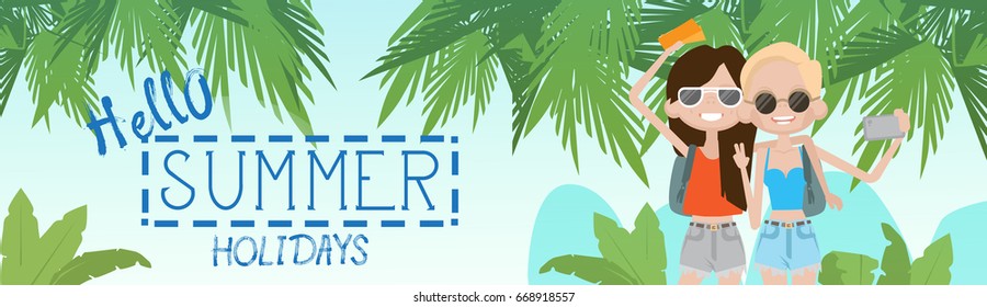 Two Girls On Summer Beach Vacation Concept Seaside Tropical Holiday Banner Flat Vector Illustration