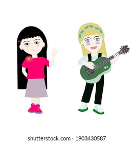 Dos chicas con fondo blanco, dibujos ​ vectoriales lindos, fondo de ilustración vectorial.