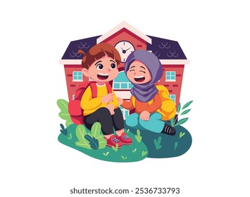 Two girls, one with a hijab, happily chatting in front of a school building.