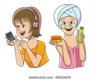 Two girls. One listens to music, the other wears make-up