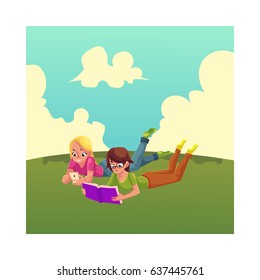 Two girls, one reading book, another playing with mobile phone, lying on the grass, cartoon vector illustration isolated on white background. Women, girls reading book and using smartphone