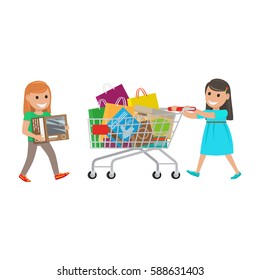 Two girls out on shopping. Redhead girl carries box and brunette girl push cart full of purchases on white background. Cartoon girls have fun during shopping. Vector illustration shopping collection.