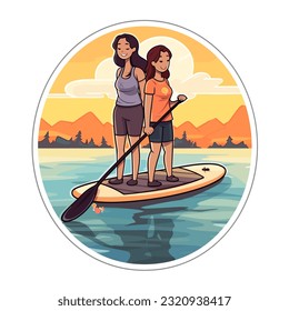 Two girls paddle a paddleboard in the middle of a rive. Cartoon vector illustration. label, sticker