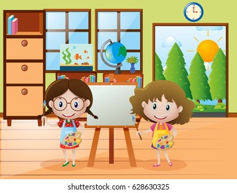 Two girls  with paintbrush and paint palette illustration