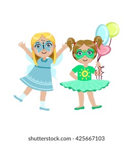 Two Girls With Painted Faces Bright Color Cartoon Childish Style Flat Vector Drawing Isolated On White Background