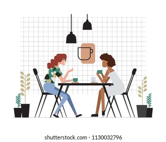 Dos chicas o dos amigas sentadas en la mesa, bebiendo café y hablando. Simpática reunión y conversación en el café. Personajes de dibujos animados. Ilustración vectorial colorida en estilo plano