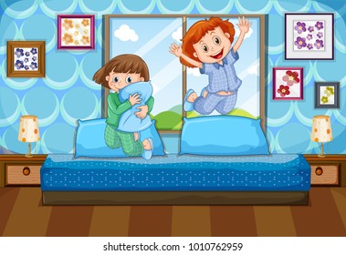 Two girls in pajamas jumping on bed illustration