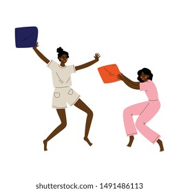 Two Girls in Pajamas Playing Pillow Fight at Slumber Party Vector Illustration