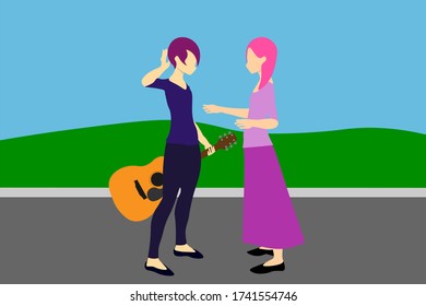 Two girls in the park. Acquaintance. LGBT. Vector graphics. Flat design.