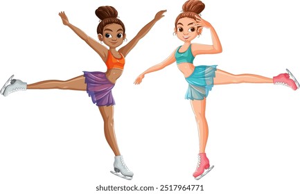 Dos chicas realizando movimientos de patinaje artístico