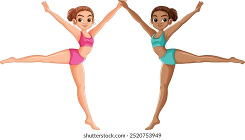 Two girls performing synchronized gymnastics routine