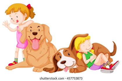 Two girls and two pet dogs illustration