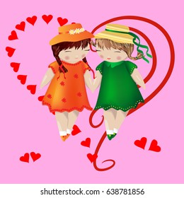 Two girls with pigtails in colored dresses and hats are holding hands, on a pink background in a frame in the shape of a heart. Lesbian couple, heart, love