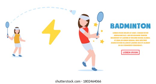 Two girls play badminton with a shuttle on the court in a summer park. Happy people play sports game together having fun. Sports and recreation. Flat vector illustration. Healthy lifestyle