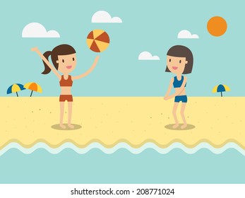 two girls play with a beach ball