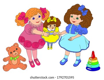 Two girls play with a doll and a Teddy bear, color illustration. A gift for a holiday, birthday.