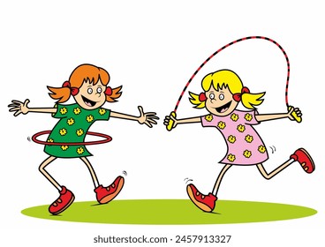 Two girls play skipping rope and hula hoop, sport activity, cartoon, vector illustration