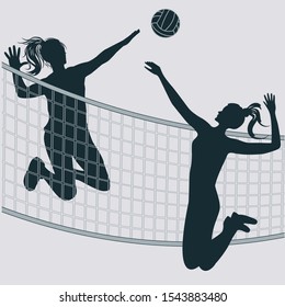 Two Girls Play Volleyball Through Net Stock Vector (Royalty Free ...