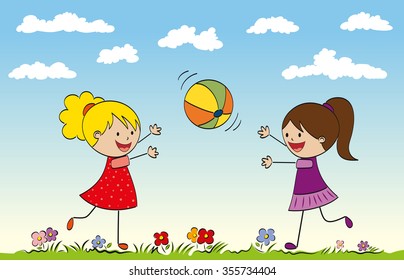 Two girls playing with a ball