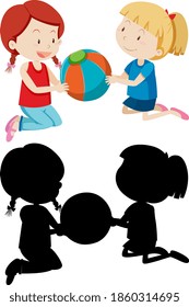 Two girls playing ball in color and silhouette illustration
