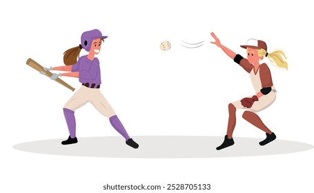 two girls playing baseball, American sports game elements. Special equipment. vector illustration.