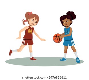 Two girls playing with a basketball, children playing basketball, vector illustration.