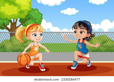 Two Girls Playing Basketball illustration