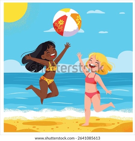 Two girls playing beach ball, one jumping to catch the ball, fun summer beach activity, flat vector design