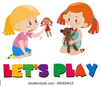 Two girls playing with dolls illustration
