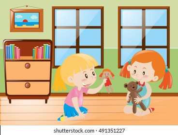 Two girls playing dolls in the room illustration
